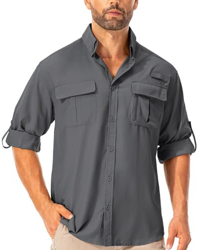 Asfixiado Camisa para hombre Safari UPF50+ protección UV, camisa de senderismo de manga larga, camisa funcional para exteriores, transpirable, de secado rápido, informal, con botones, gris oscuro, L