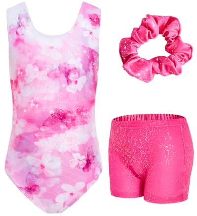 JiAmy Gymnastikanzug Mädchen, Turnanzug Kinder mit Hose Haarband Set, Glänzendes Gymnastik Turnanzug Leotard für 11-12 Jahre