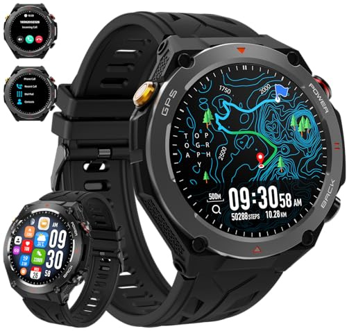 Military Smart Watch with GPS, Pressure/Altitude/Compass, Rugged Smartwatch for Men with 650mAh Extra-Large Battery, Answer/Make Call, 100+ Sports Mode, Metal Body Fitness Tracker for Android iOS
