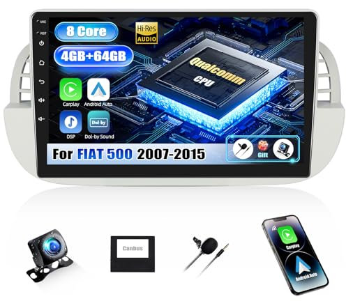 SIXWIN Qualcomm 8 Core 4+64G Android 15 Autoradio con CarPlay/Android Auto/DSP per FIAT 500 2007-2015,1280 * 720,9 Pollici HD Schermo con WiFi6 Navi Bluetooth 5.1 RDS/FM+Relecamera