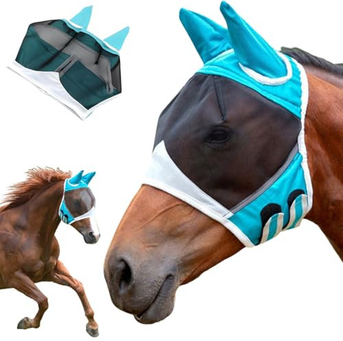 Masque Anti Mouches pour Cheval, Masque Anti Mouches Protection, Masque Protection Anti UV avec Oreilles, Masque Anti Mouches Protection UV, pour se protéger des moustiques et des Rayons UV