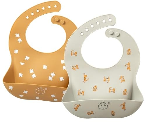 Little Dimsum Baby Lätzchen Silikon 2er Set，Abwaschbare Lätzchen mit Auffangschale und verstellbarem Verschluss, für Babys 6-36 Monate(Tiger&Pigeon)