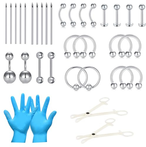 AceFun 34 pièces Piercing Kit pour tous les piercings Acier inoxydable Self Piercing Kits Lèvre Sourcils Rook sculpté Barbell Septum Piercing Bijoux Nombril Pierce Kits avec 14G 16G aiguilles