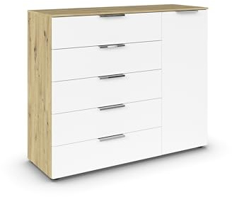 Rauch Möbel Flipp, Kommode, Farbe Weiß/Eiche Artisan, Breite 120 cm | Sideboard, 1-türig, 5 Schubladen, Soft-Close-Funktion, für Schlafzimmer, Gästezimmer, Wohnzimmer, Garderobe, Flur