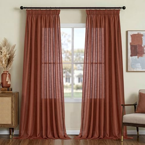 Terracotta Vorhänge Leinen Kräuselband-Vorhang Ziegelrot Herbst Vintage Gardinen Esszimmer Schlafzimmer Wohnzimmer Modern für Schienensystem Halbtransparent Lichtdurchlässig Boho 140x240 cm 2PCS