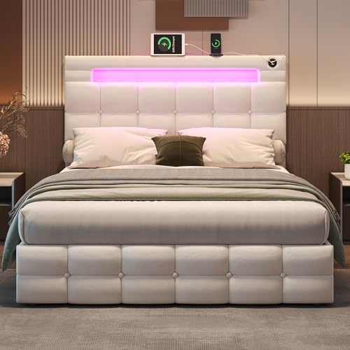 Ball & Cast Upholstered Double Bed Frame with Storage, Ottoman Bed with Adjustable Headboard and Hydraulic, Velvet Double Bed Frame with Charging-Station and LED-Light, Beige, 135x190cm, (No Mattress)