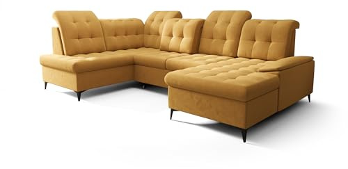 O-Sofa Wohnlandschaft Kongo RBN17, Eckcouch in U-Form mit Schlaffunktion, Farbe: Gelb, Velourstoff, Ottomane Rechts