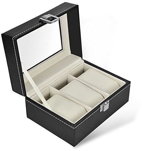 OTraki Uhrenkoffer 3 Herren Uhrenbox Glas Uhrenschatulle PU Leder Damen mit Klarglas Oberseite Uhrenkasten Display Boxes Elegantes Aussehen Watch Box Schwarz für Damen und Herren