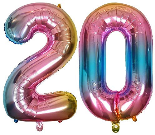 DIWULI Luftballon 20 Geburtstag XL Rosa Regenbogen - Folienballon 20, Zahl 20 Ballon 20 Jahre, Geburtstagsdeko 20. Geburtstag Party-Deko Junge Mädchen, Zahlen-Ballon Groß Dekoration, Zahlen-Luftballon