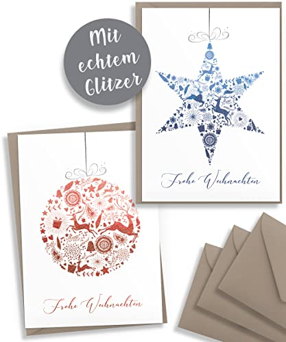 Weihnachtskarten mit Umschlägen aus Kraftpapier - 20 Stück | Mit Glitzer veredelt | Familie, Freunde & geschäftlich | Weihnachtskarten-Set Nostalgie schlicht Klappkarten mit Umschlag Set edel Natur