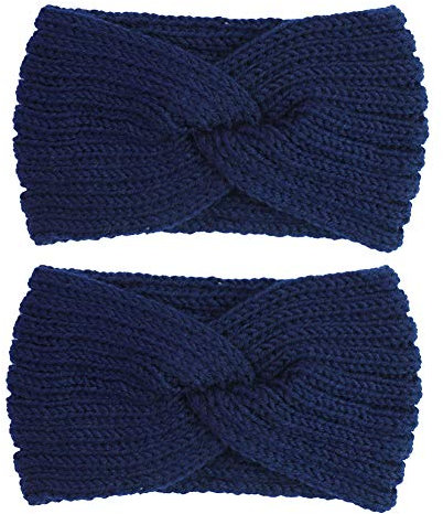 2PCS Women Ear Warmer Headband Autumn Winter Warm Knitted Hairband Twisted Headbands Elastic Crochet Hair Wrap (Navy Blue)