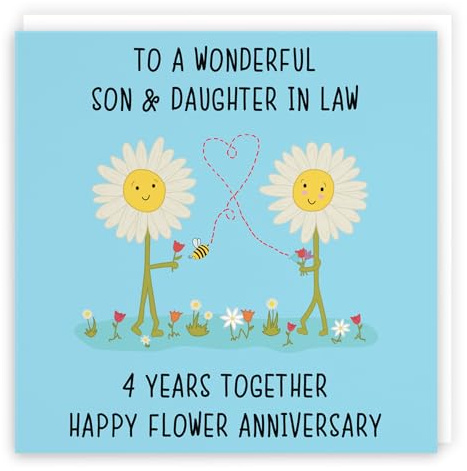 Hunts England - Son And Daughter In Law 4th Anniversary Card - Fun Cute Anniversary Card - 4 Years Together - Happy Flower Anniversary - Iconic Collection