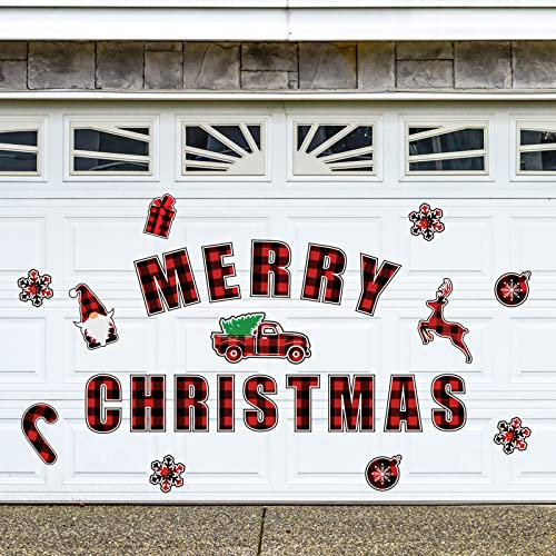 Whaline 25Pcs Plaid Christmas Garage Decoration Magnet Stickers MERRY CHRISTMAS Magnet Decals Refrigerator Stickers Red Black Christmas Garage Door Decals for Christmas Party Supplies Home Decorations