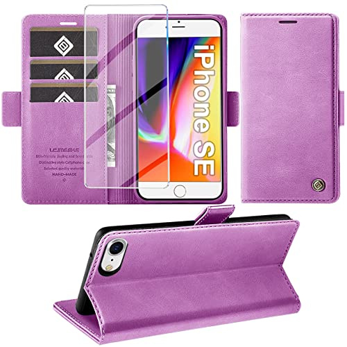 Giyer Handyhülle für iPhone SE 2022/2020 iPhone 8/7 Hülle mit Schutzfolie, Standfunktion Kartenfach Wallet Premium Leder Schutzhülle iPhone 7/8/SE 4.7 Zoll Flip Case Cover Stoßfeste Klapphülle (Lila)
