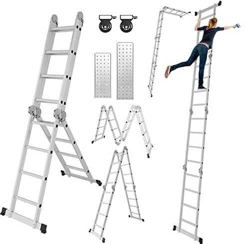 Izrielar Scala telescopica 4 x 4 gradini 4,7 m in alluminio, scala multifunzione con 2 ruote di trasporto e 2 piattaforme, scala pieghevole, utilizzabile fino a 150 kg