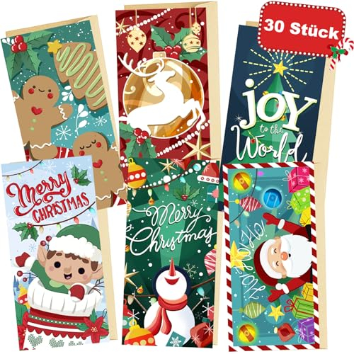 YUNSTK 30 Weihnachtskarten mit Umschlag Set, Weihnachtskarte Geldgeschenk mit Umschlag, Weihnachtskarte mit Weihnachtsmann Schneemann Rentier Karte Weihnachten Frohe Weihnachten Geldgeschenk