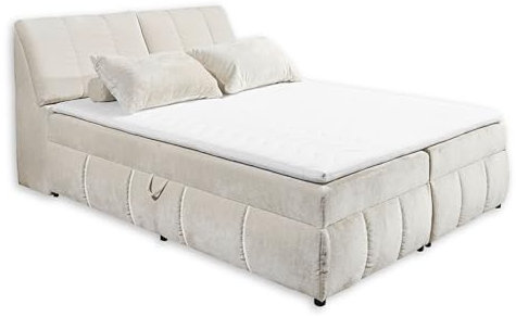 VALENCIA 5 Boxbett 180x200 in Creme - Bequemes Doppelbett mit Bettkasten & Kaltschaum Topper - 183 x 105 x 240 cm (B/H/T)