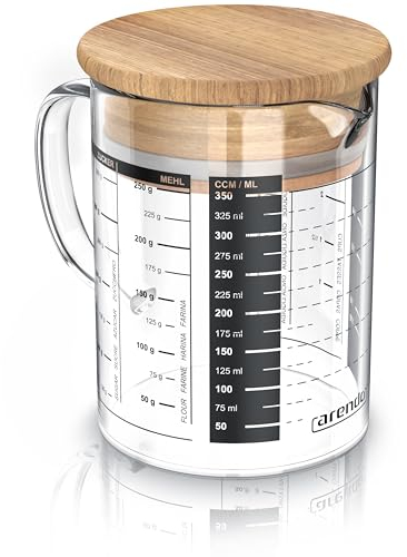Arendo Glass Measuring jug 350ml 0,35L with Measurements displayed, Transparent Kitchen Measuring jug, Borosilicate Glass jug, Silicone Seal, Transparent Measuring Graduated Glass, Beaker with lid