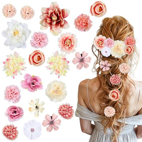 Tyqour 21 Pcs Silk Flower Hair Clips for Women Roses Flower Headdress Clips Aesthetic Boho Pink Floral Bride Barre Hair Barrettes Wedding Accessories