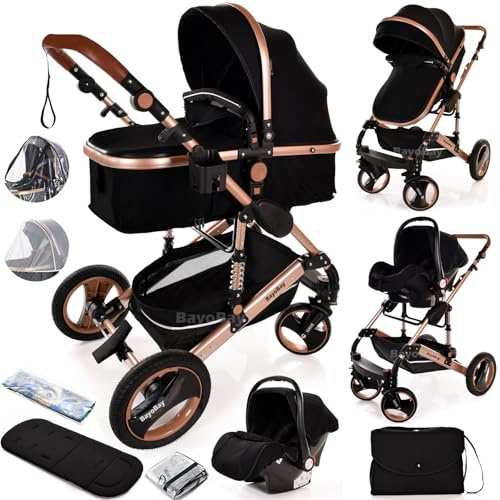 3 in 1 Travel System Baby Pram Buggy with Car Seat Pushchair Carriage Child Lightweight Folding Stroller for Newborns Toddlers from Birth up to 22kg New 2025 Style (BB2 - Black Gold, BB2)