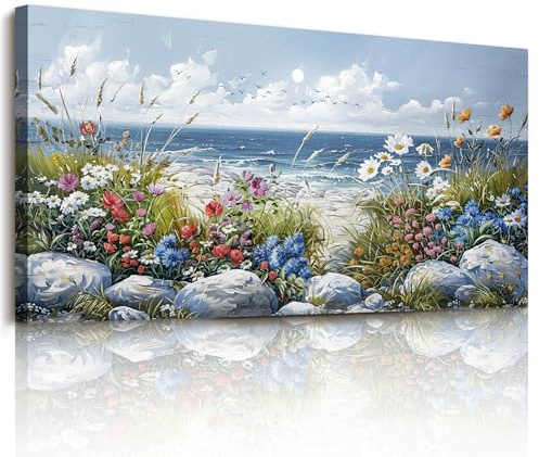 JHHUAMO Natur Blumen Leinwand Bilder Schlafzimmer Wohnzimmer 50x100 cm | Küstenwildblumen Wandbild, Hochauflösender Druck, Exquisite Handwerkskunst, Einfaches Aufhängen, Vielseitig Einsetzbar