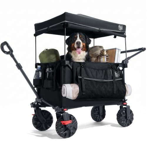 TIMBER RIDGE XXL Bollerwagen Faltbar mit Dach 180kg, Schieben und Ziehen | 300L Strandwagen mit großen All-Terrain Rädern mit Bremse, Sonnendach & Tasche Handwagen für Camping, Strand und Picknick