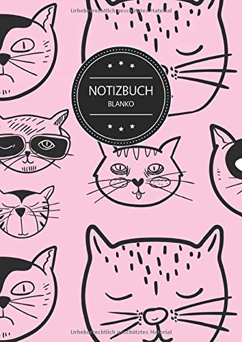 Notizbuch Blanko: Blanko Notizbuch A4 110 Seiten, Vintage Softcover, Weißes Papier - Dickes Notizheft, Skizzenbuch, Zeichenbuch, Blankobuch, Sketchbook; Motiv: Muster Katzen Katze Haustier Rosa