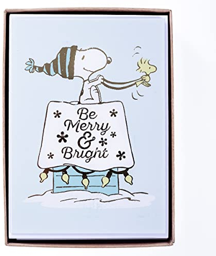 Graphique Be Merry and Bright Snoopy Weihnachtskarten – Packung mit 15 Karten mit Umschlägen – Weihnachtsgrüße – Erdnüsse – Goldfolienakzente – Innenseite unbeschriftet – Set – 12,1 x 16,8 cm