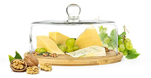 Sendez Cloche en verre avec planche à découper 28 cm Cloche à fromage en verre et bois
