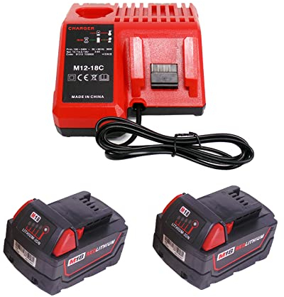 CYDZ® 2 pièces 18V 5.0Ah Batterie d'outil pour Milwaukee M18 48-11-1828 48-11-1840 C18B M18BX Li18 M18B4 M18 XC avec Milwaukee Chargeur M12 M18