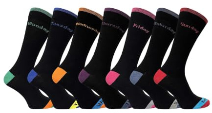 7er Pack Herren Tage Wochentag Schwarz Baumwolle Muster Komfortbund Socken