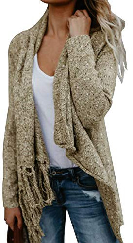 CEASIKERY Damen-Poncho mit Fransen, Pullover, lange Strickjacke, Strickpullover, Mantel, khaki, Groß