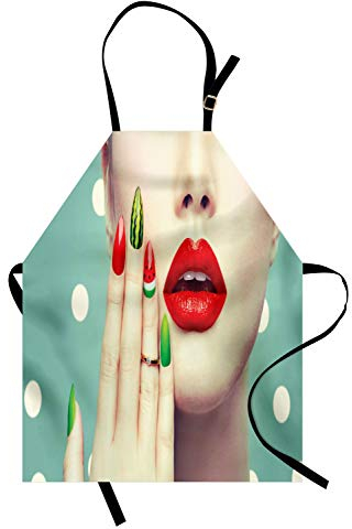 ABAKUHAUS Lippen Kochschürze, Lady zeigt ihre Wassermelone Nail Art und Make-up Nahaufnahme über Tupfen Hintergrund, Farbfest Höhenverstellbar Waschbar Klarer Digitaldruck, Mehrfarbig