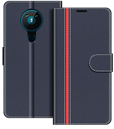 COODIO Schutzhülle aus Leder für Nokia 5.3, mit Standfunktion, Dunkelblau/Rot