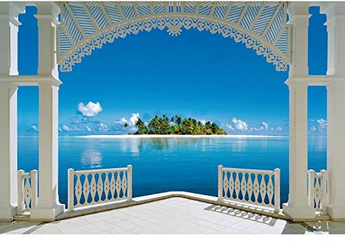 Urlaub Fototapete mit tropischer Insel | 3D Tapete mit Terrasse und Meer ideal für Wohnzimmer und Küche | Tropical Vlies Fototapete in Blau Weiß