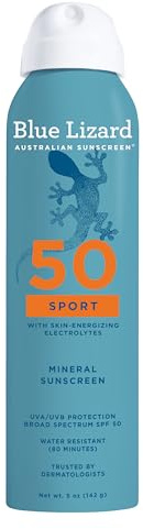 BLUE LIZARD Sport Mineral Sunscreen Spray SPF 50+, Dermatologist-Recommended Brand, Broad-Spectrum UVA/UVB Protection, Water-Resistant, Zinc Oxide Formula, Vegan, 5 fl oz