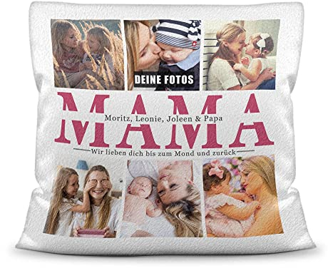Foto-Kissen selbst gestalten - Mama wir lieben Dich - Collage mit 6 Fotos & Namen - Geschenk für die Beste Mama von Kindern - inkl. Füllung, Kissen Weiß flauschig, 40x40 cm
