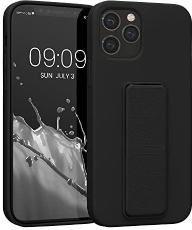 kwmobile Handyhülle kompatibel mit Apple iPhone 12 / iPhone 12 Pro - Hülle mit Fingerhalter und Standfunktion - Silikon Case Handy Cover in Schwarz