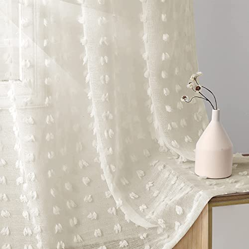 Joywell Gardinen Wohnzimmer Vorhänge Transparente Voile Sheer Vorhänge Mädchenzimmer Leinenstruktur mit Ösen Pompons Ösenschal Luftig Dekoschal für Schlafzimmer Kinderzimmer Natürlich 225x140 cm 2er