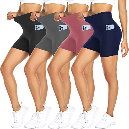 FULLSOFT 4er-Pack Bikershorts für Damen mit Taschen - 12,7 cm hohe Taille Bauchkontrolle Workout Yoga Laufen Fitnessstudio kurze Hose