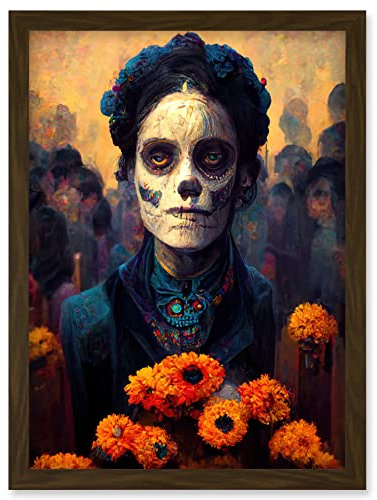 Day Of Dead Skull Marigold Flowers Artwork Framed Wall Art Print A4