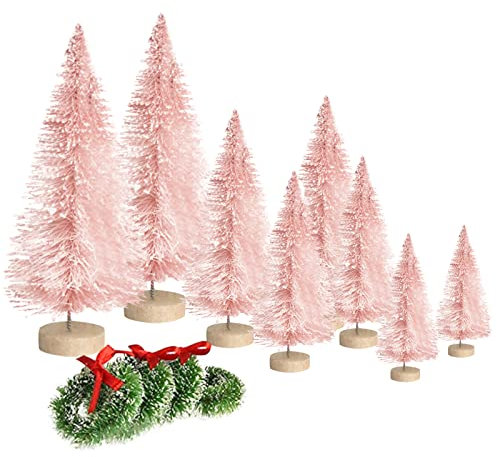 Jlong 8PCS Artificial Mini Christmas Trees, Bottle Brush Trees with Wood Base, Artificial Frosted Sisal Xmas Tree, DIY Crafts Mini Pine Tree for Christmas Party Home Table Top Decor Winter Ornaments