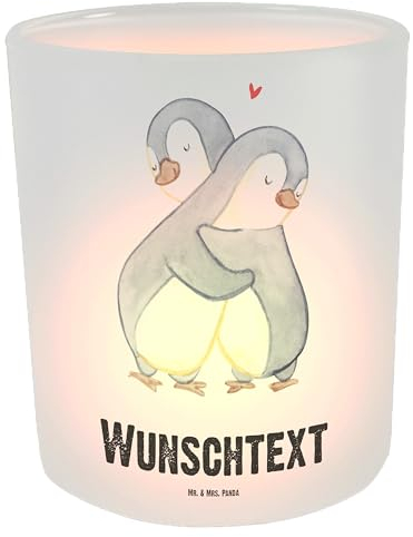 Mr. & Mrs. Panda Personalisiertes Windlicht Pinguine Kuscheln - Personalisierte Geschenke, Liebesgeschenk, für Ehemann, Hocheitstag, Ehefrau,