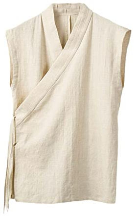 Aoleaky Vêtement Traditionnel Chinois Hanfu Gilet Hommes Lin Coton Haut sans Manches Hommes Tang Costume Kimono Cardigan Hommes Haut Fendu Khaki M