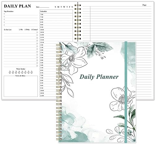 Tagesplaner, undatiert, 21,6 x 27,9 cm, To-Do-Liste, Notizbuch, Stundenpläne, 150 Blatt/300 Seiten, Spiral-Terminplaner für Damen und Herren, PVC-Hardcover, Innentasche, elastischer Verschluss,