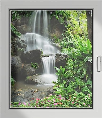 Wallario Lichtschutzbild, Dekorativer Sichtschutz Sonnenschutz 96 x 115 cm mit Motiv: Sturzbach im Grünen - Verdunklungsrollo ohne Bohren