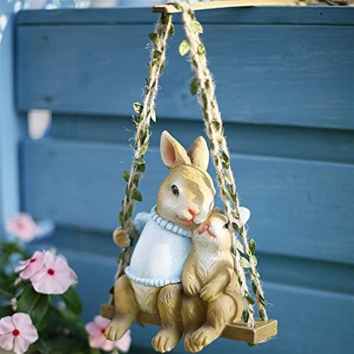 Gartendekoration für den Außenbereich, Schaukel, Simulation, hängende Kaninchenskulptur, Kunstharz, Schaukel, Gartentiere, Hanfseil, Anhänger, Ornamente, Hof, Balkon, Fensterbank, Dekoration, Feengart
