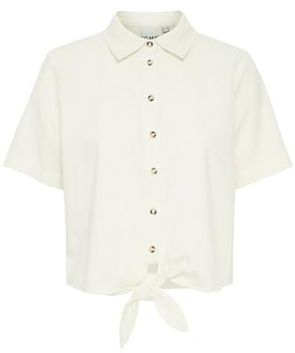 ICHI IHLINO Damen Kurzarmhemd Shirt Hemdkragen Knöpfe 58% Leinen, 42% Viskose Regular fit, Größe:40, Farbe:Cloud Dancer (114201)