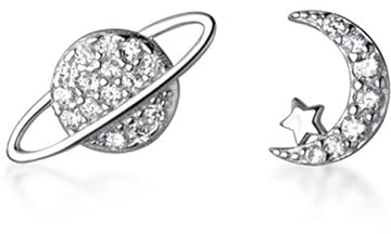 BSLVWG Stern Mond Ohrstecker Silber Asymmetrischer Stern Mond Planet Kleine Knorpel Ohrstecker für Frauen Teen Mädchen Hypoallergene Piercing Post Schmuck Geschenke Geburtstag Tochter Schwester Xmas