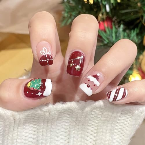 Vatocu Weihnachten Künstliche Nägel Kurz Rot Nackt Nägel Zum Aufkleben Schneeflocke Baum Falsche Nägel Schneemann Xmas Acryl Press on Nails für Frauen(24 Stück)
